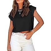 Tankaneo Womens Short Sleeve Cropped T-Shirts Summer Rolled Dolman Sleeve Crop Tops Casual Round Neck Solid Short Basic Tees