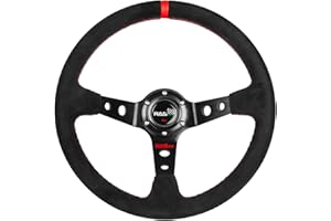 RASTP Universal Racing Steering Wheel Suede Deep Dish 13.58”/345mm 6 Bolts with Horn Button Include Cable, Wrench,Red