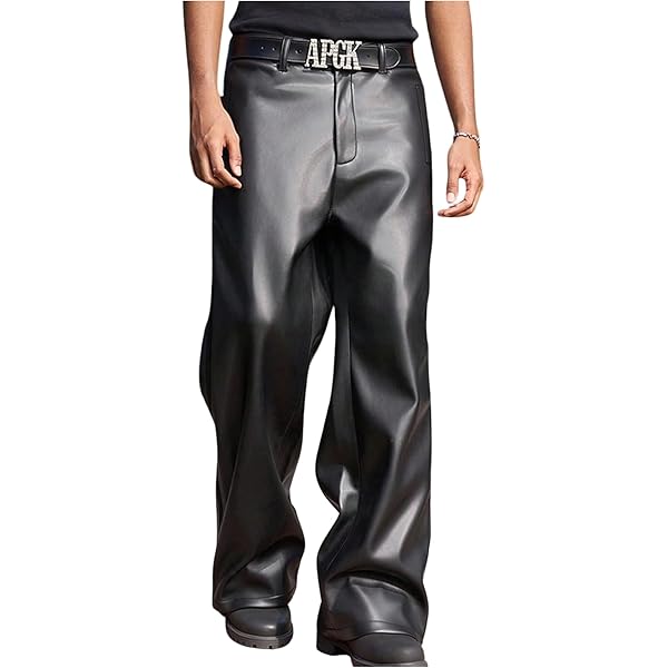 Jhaoyu Men Faux Leather Slim Fit Pants Two-way Zipper Crotch