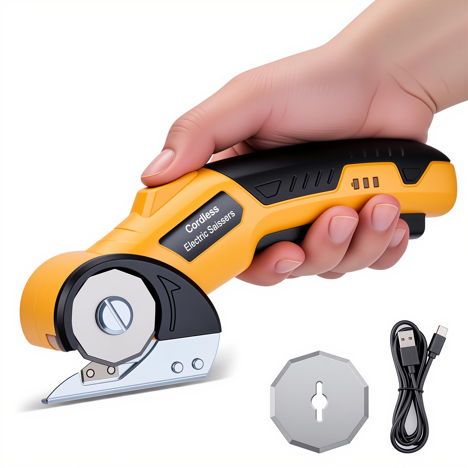Photo 1 of Electric Scissors, Cardboard Cutter with 2 Blades, Safety Lock & LED Light – Cordless Electric Scissors for Cutting Box, Carpet, Fabric, Plastic, and Leather
