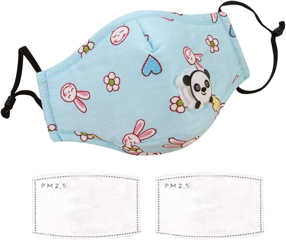 Van Caro Kids Cartoon Cotton Mouth Mask,Filter Inserted,Protective Breathing Valve Dust Mask,PM2.5 Air Filter Safety Mask Reusable(1Pcs Blue Rabbit Mask + 2Pcs Filter)