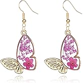 QLYOVWE Handmade Butterfly Flower Earrings for Women Unique Butterfly Dried Flower Wing Earrings Nature Floral Earrings Fashion Summer Jewelry Gift