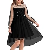 Haloumoning Girls Sequin Contrast Mesh Puff Long Sleeve Dresses Twirly High Low Party Tulle Formal Dress 5-14 Years