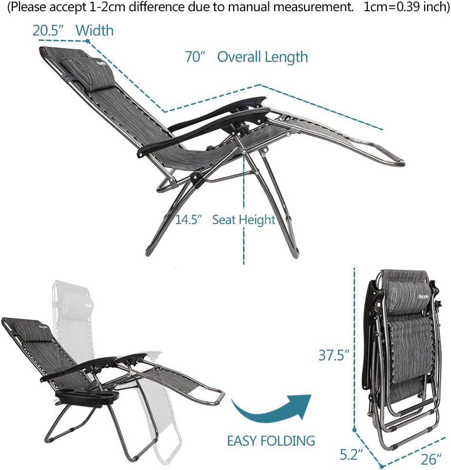 Bonnlo Infinity Zero Gravity Chair, Outdoor Lounge Patio Chairs with Pillow and Utility Tray Adjustable Folding Recliner for Deck, Patio, Beach, Yard Pack 2 : Garden & Outdoor