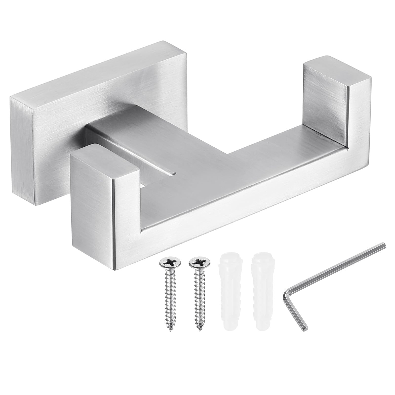 PATIKIL Double Towel Hook, 1Pack 304 Stainless Steel Wall Mounted Hanger Rectangle Towel Holder for Hanging Bathroom, Bedroom, Dormitory, Hang Towel, Clothes, Coat, Robe, Hat, Silver Tone