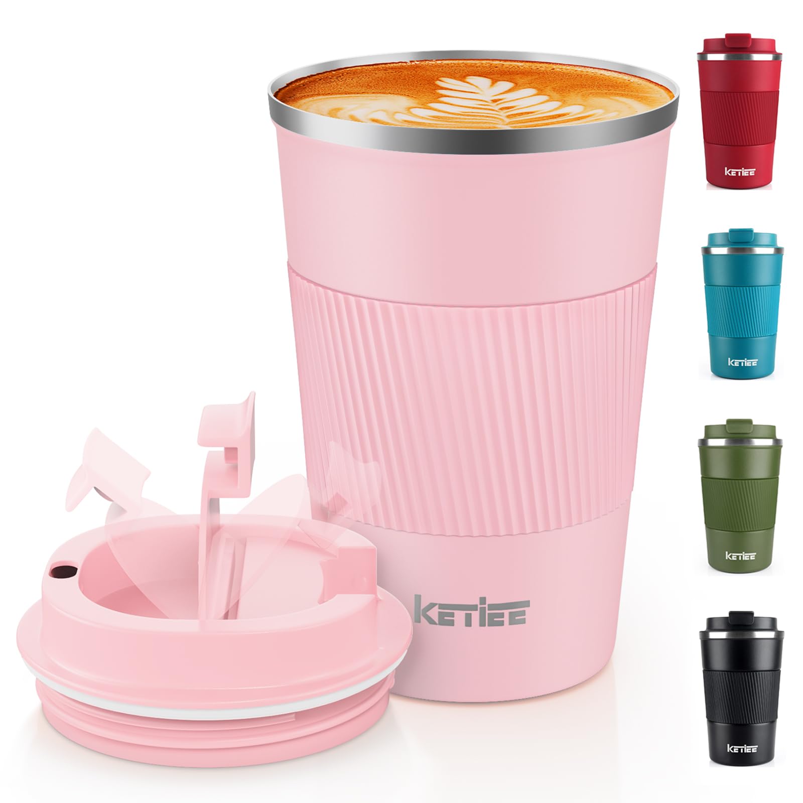 KETIEE Travel Mug Insulated With Leakproof Lid, Reusable Coffee Cup, Double Walled Stainless Steel for Hot Cold Drinks, 380ml Pink — image 1