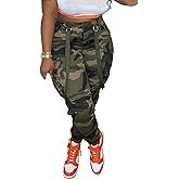 Vakkest Womens Camo Cargo Pants Army Fatigue Jogger Camouflage High Waist Trouser Clubwear Y2K Sweatpants with Belt