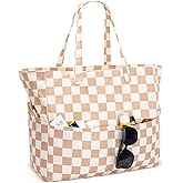 Iioscre Beach Bag for Women, Large Beach Tote Bag with Zipper Pockets, Waterproof Sandproof Swim Bag Pool Vacation Travel