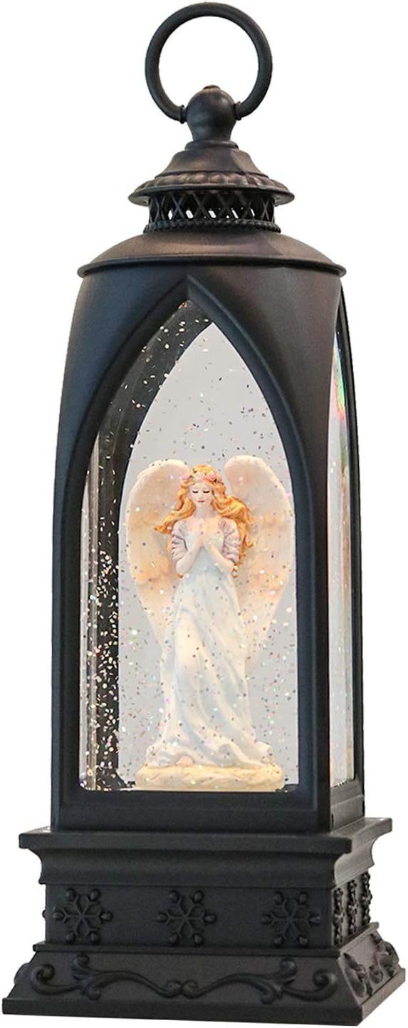 Snow Globes - GenSwin Musical Lighted Snow Globe Lantern 12” Angel with 6 Hour Timer, Battery Operated & USB Powered Singing Spinning Water Glittering Snow Globe Lantern Christmas Home Decoration Gift