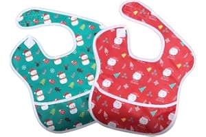 Little Dimsum Christmas Feeding Baby Bibs Waterproof Drool Christmas Bib Coverall 2 PCS Set Adjustable Closure for Babies Toddlers with Large Pocket (6-36 Months)