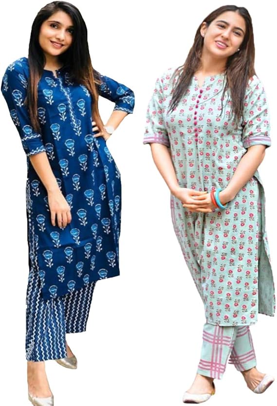Buy ANNI DESIGNER Women's Cotton Straight Kurta with Pants (Pack of 2