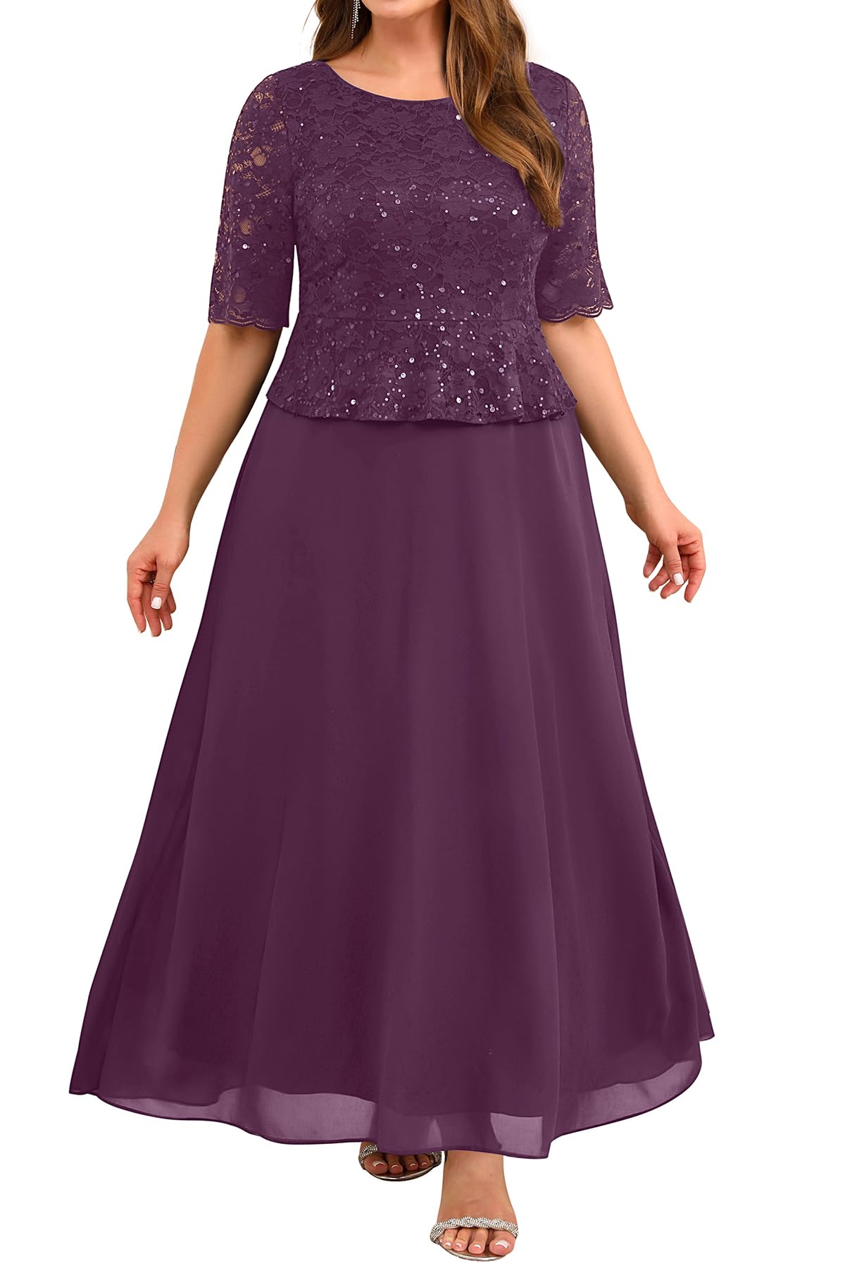 mother of the bride dresses plus size purple formal wedding guest evening gowns sequin lace bodice, size 24 w