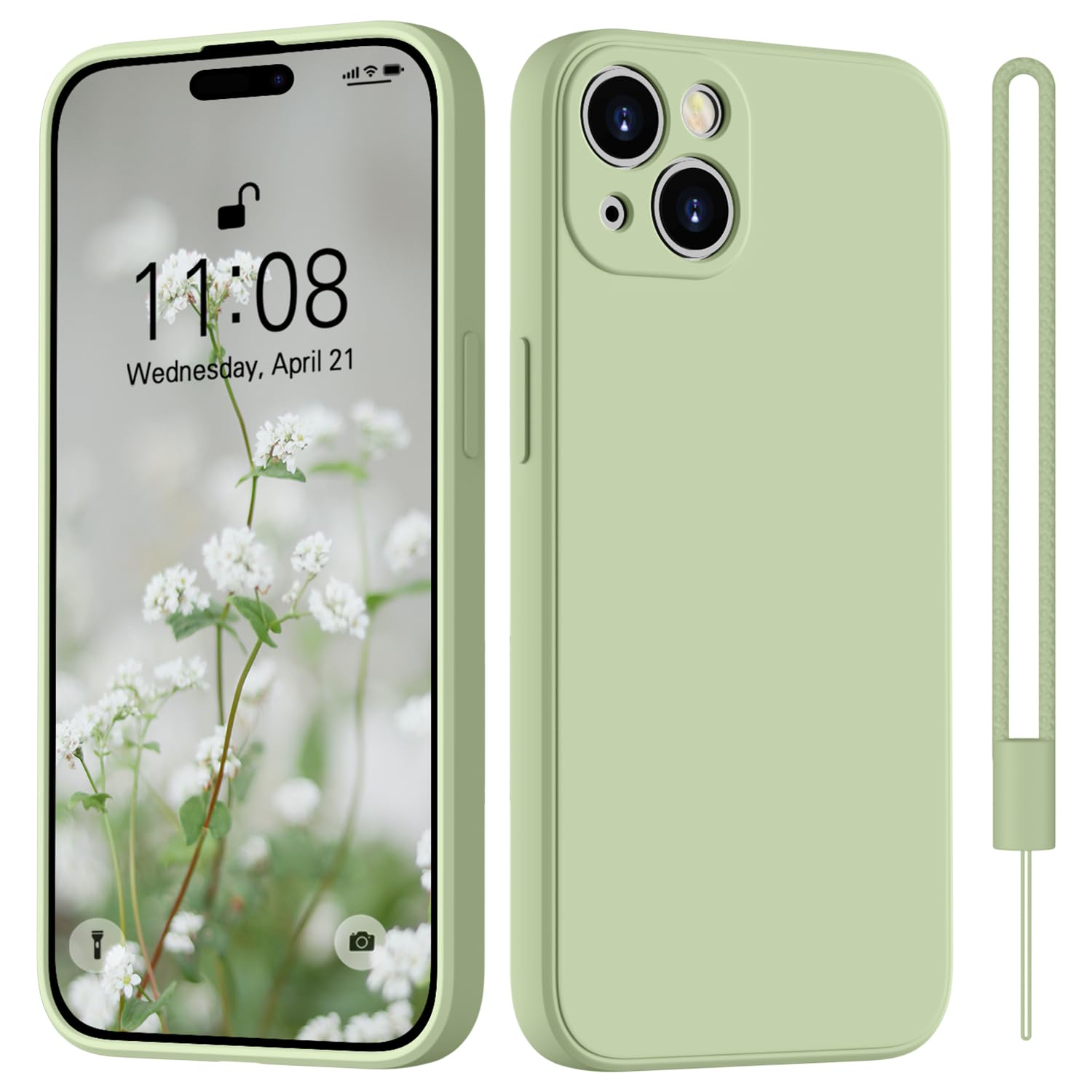 HGH for iPhone 15 Silicone Case with 1 Lanyard,for iPhone 15 Case Slim All-Around Protect with Microfiber Lining Scratch Resistant Phone Case for iPhone 15 6.1 Inch - Matcha Green — image 1