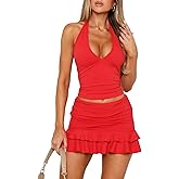 Skirt Sets Women 2 Piece Outfits Summer Going Out Sleeveless Halter Crop Top and Mini Skirt Concert Rave Travel Outfits