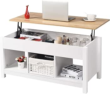 Mesa de centro elevable con almacenamiento oculto y estantes, mesa de