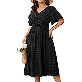 RWJ Women's Plus Size Maxi Dress V Neck Short Sleeve Swiss Dot A Line High Waist Boho Swing Casual Summer Dresses