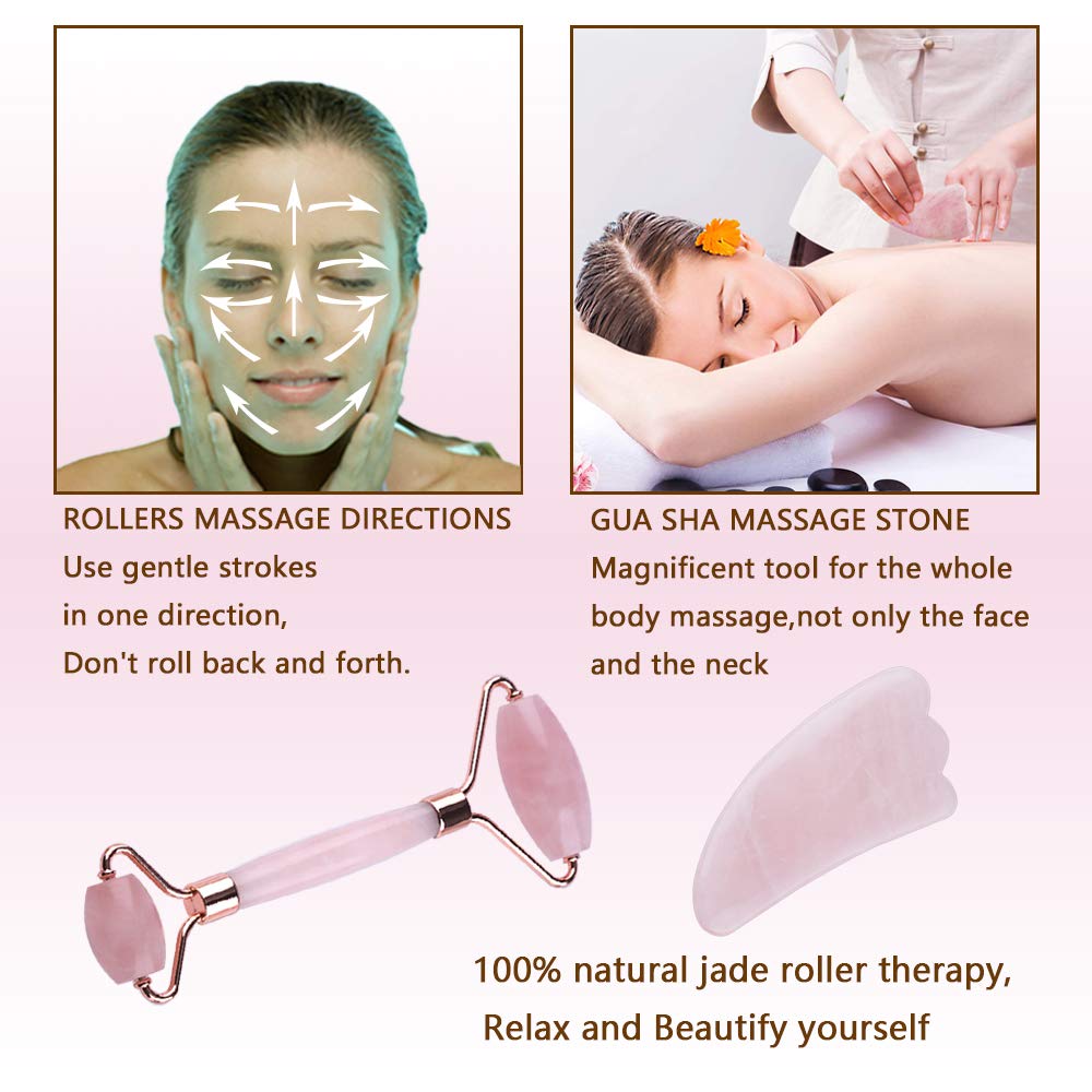 Jade Roller, Rose Quartz Roller and Gua Sha Tool, 100% Natural Jade Facial Roller Anti Aging Face Roller Massager