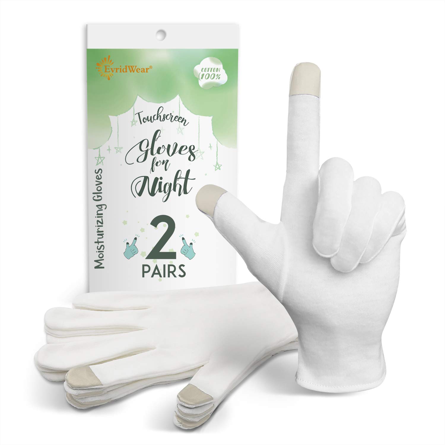 EvridWear 100% Cotton Touchscreen Moisturizing Beauty Gloves with Elastic Cuff, Natural Cosmetic Therapy Gloves for Eczema SPA Dry Hands Care Overnight (White, Large) 2 Pairs : Beauty