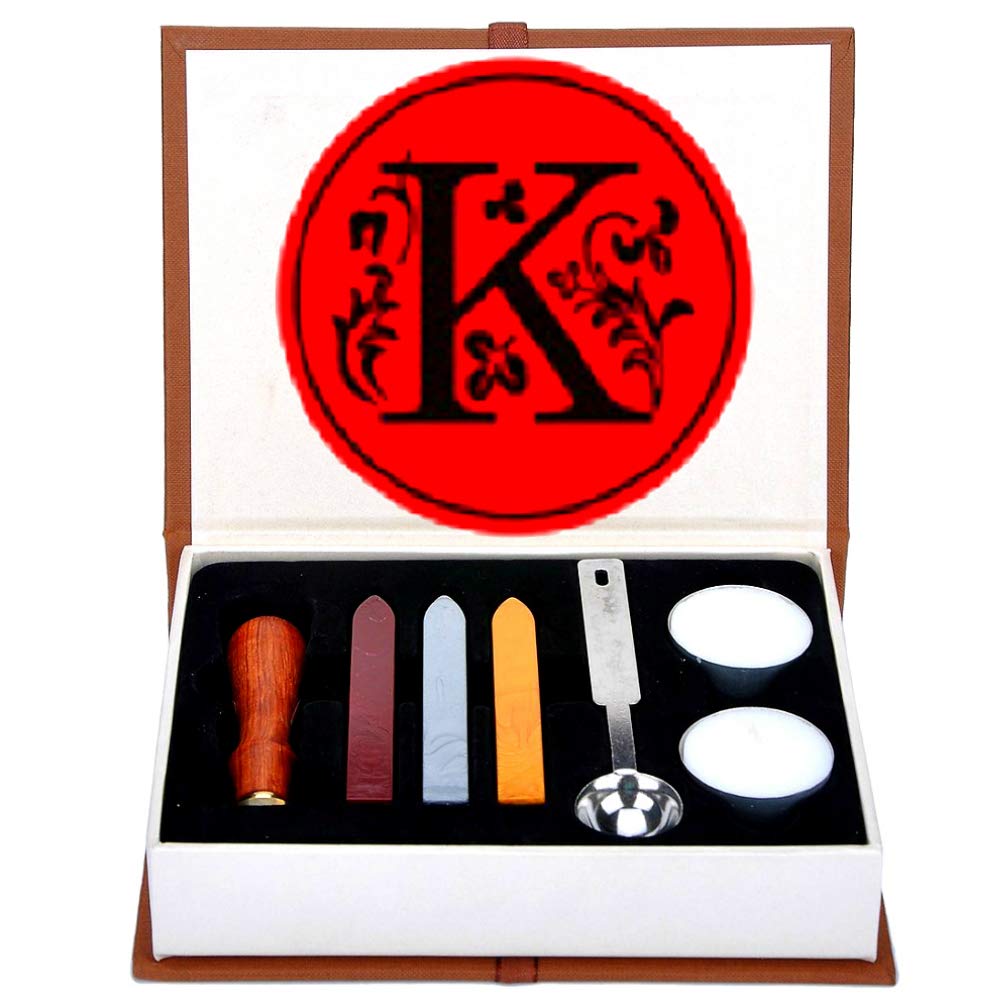 ANBOSE Letter K Wax Seal Stamp Set, Alphabet K Sealing Kit With Wooden Handle Copper Seal, 3 Seal Sticks, Melting Spoon and 2 White Candles