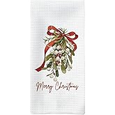 Tzhim Christmas Kitchen Towels, Red Bow Christmas Mistletoe Holly Decorative Hand Towels, Rustic Christmas Dish Towels Dishcloths Tea Towels for Kitchen, Christmas Kitchen Bathroom Decor,16x24inch