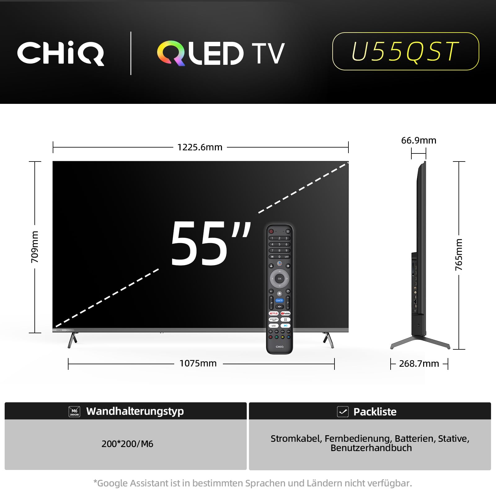 CHiQ 55 Zoll 4K UHD QLED Google TV mit HDR10, ALLM & VRR, MEMC 2