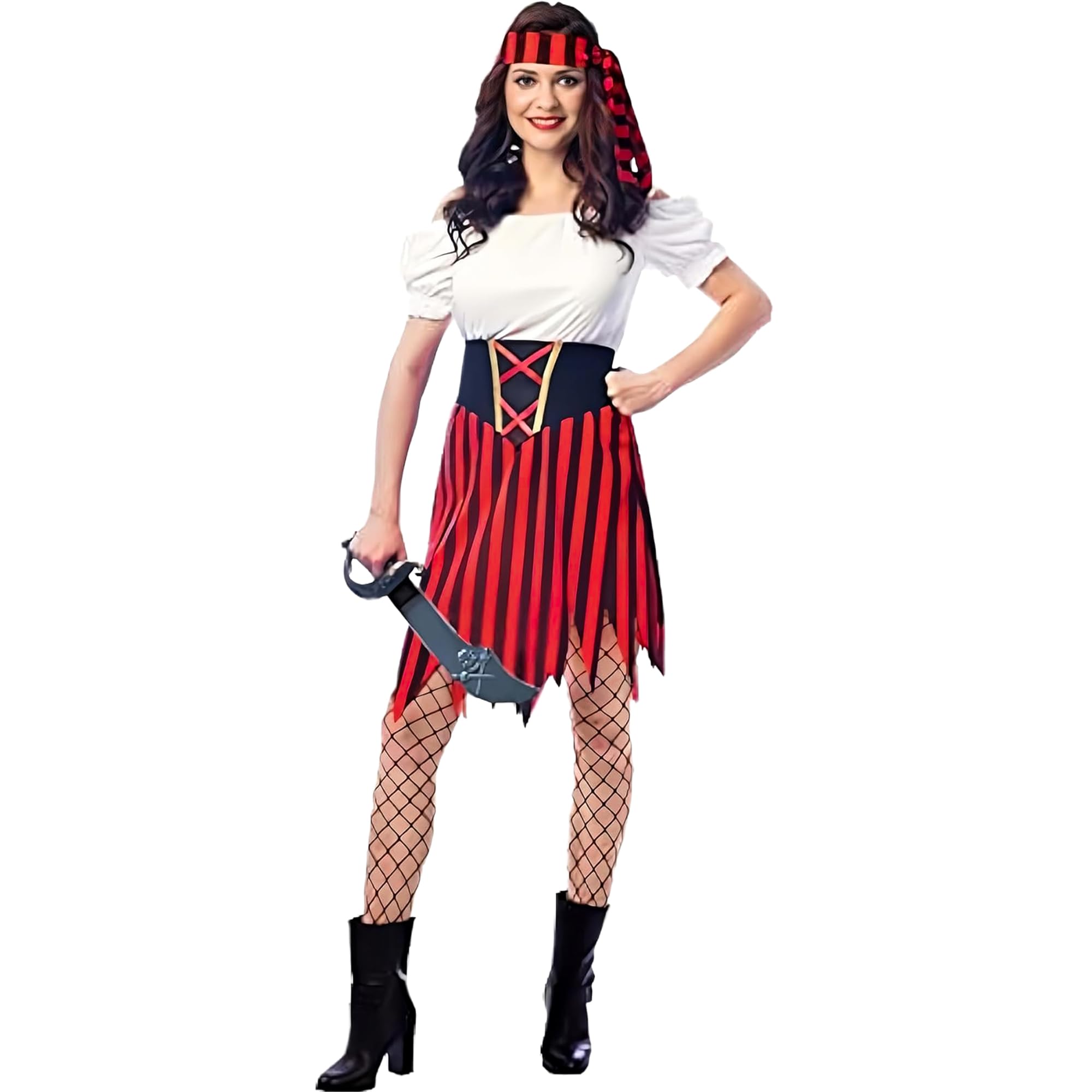 Wiclin Women's Pirate Costume Outfit Ladies Pirate Dress Up Modest Style Dress with Belt and Headpiece 2XL