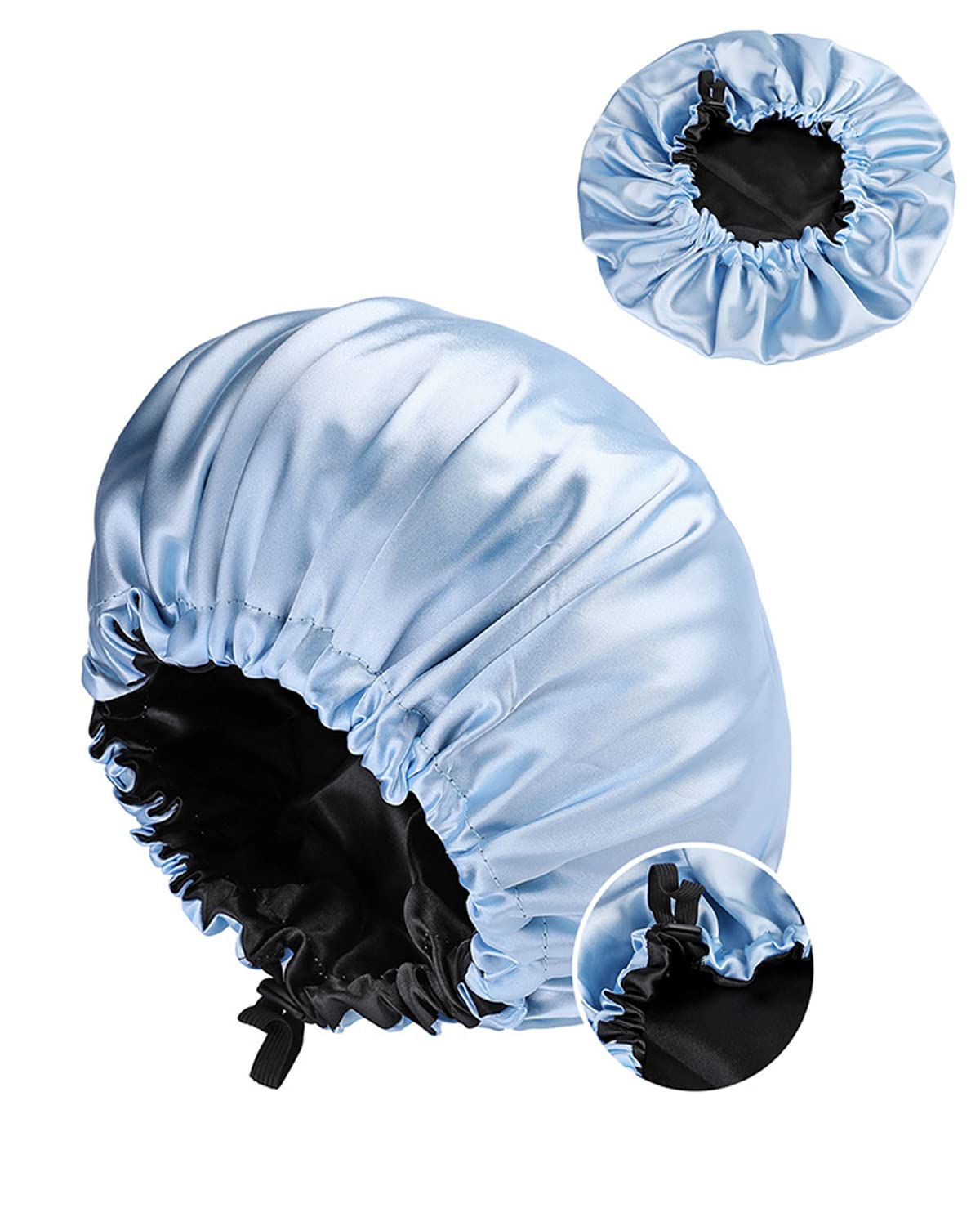 MUFEKUM Hair Bonnet for Sleeping, Large Adjustable Double Sided Satin Bonnet, Silk Bonnet for Women Girls Mens Hair Care, Bonnet Sleep Cap for Curly Hair Black Hair (Light Blue), 1.0 count