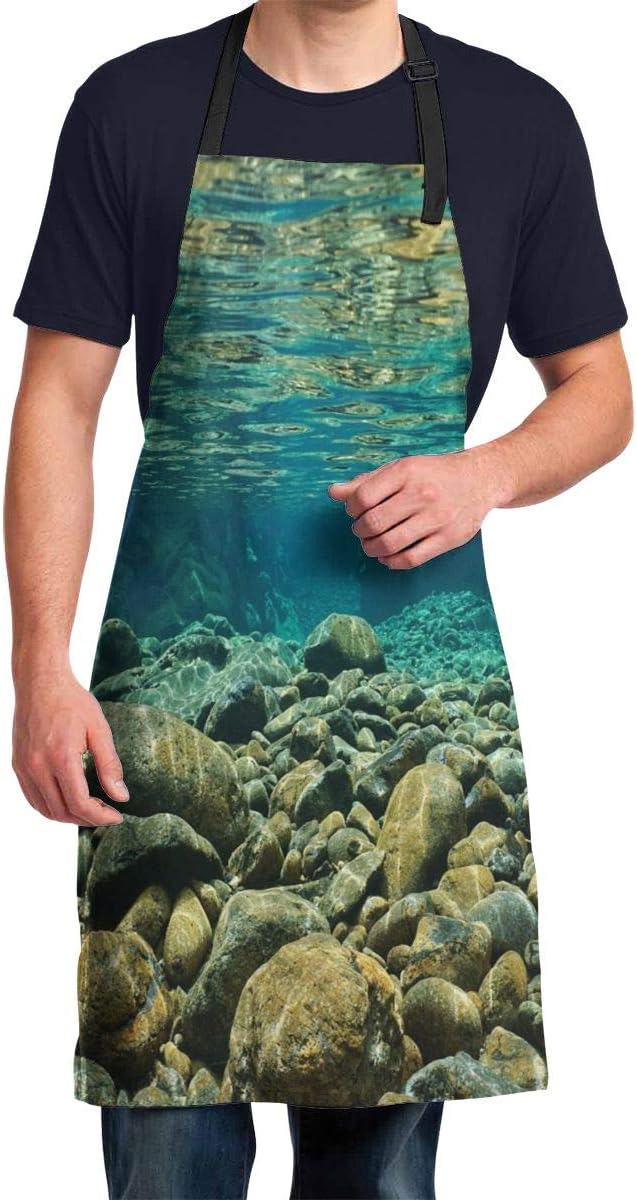 GULTMEE Aprons Adjustable Bib Apron Cooking Kitchen for Women Men Chef, Underwater View with Rocks and Pebbles Torrent Clear Fresh Water of Dumbea River