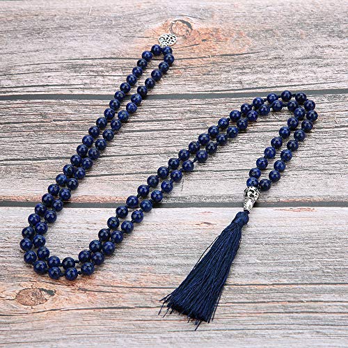 BALIBALI 108 Mala Beads Necklace Semi-Precious Gem Stones Meditation Necklace 108 Hand Knotted Japa Mala Beaded Tassel Necklace with Tree of Life Pendant (Lapis Lazuli)