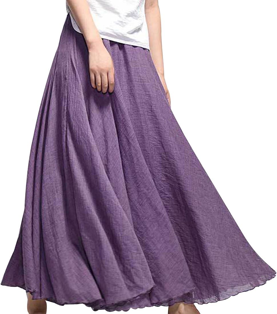 Women Bohemian Cotton Linen Double Layer Elastic Waist Long Maxi Skirt