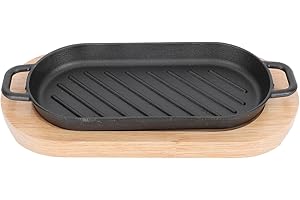 GALPADA Japanese-Style Cast Iron Rectangular Grill Pan with Wooden Base 22x11cm Non-Stick Steak and Fish