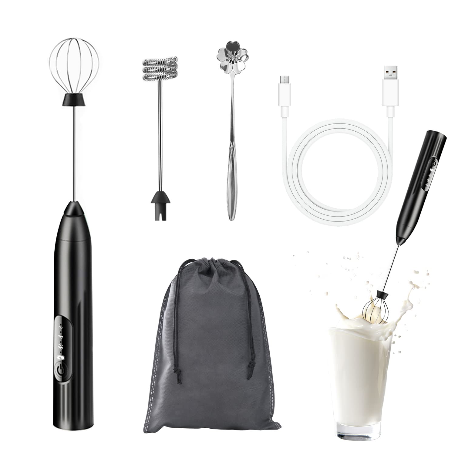 Handheld Electric Milk Frother, USB Rechargeable, Mini Portable Beverage Blender, 3 Adjustable Levels for Cappuccino, Latte, Milk Coffee, Milk Hot Chocolate