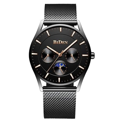 Binzi Slim Business Mens Analogue Quartz Steel Watches Stylish Blue Mesh Band, Chronograph Date Sport Waterproof Ultra Thin Formal Wristwatches Under 2000 Rupees- BD0122 (Black Gold)