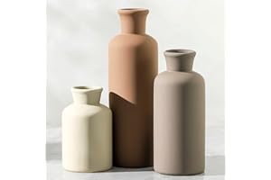OOIT Ceramic Vase Set of 3, Flowers Neutral Modern Vases Home Decor Rustic Farmhouse Decor Pampas Vase for Table Mantel Entryway Shelf Living Room Kitchen Bathroom - Brown