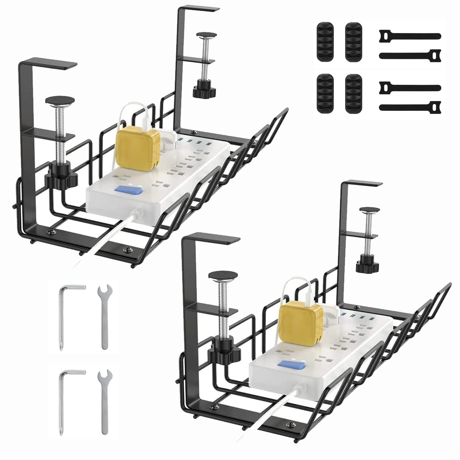 BestAlice 2 Pack Under Desk Cable Management Tray, No Drill Steel Desk Cable Organizers, Desk Cable Tray with Wire Organizer and Desk Cord Organizer, Fits Most Desk