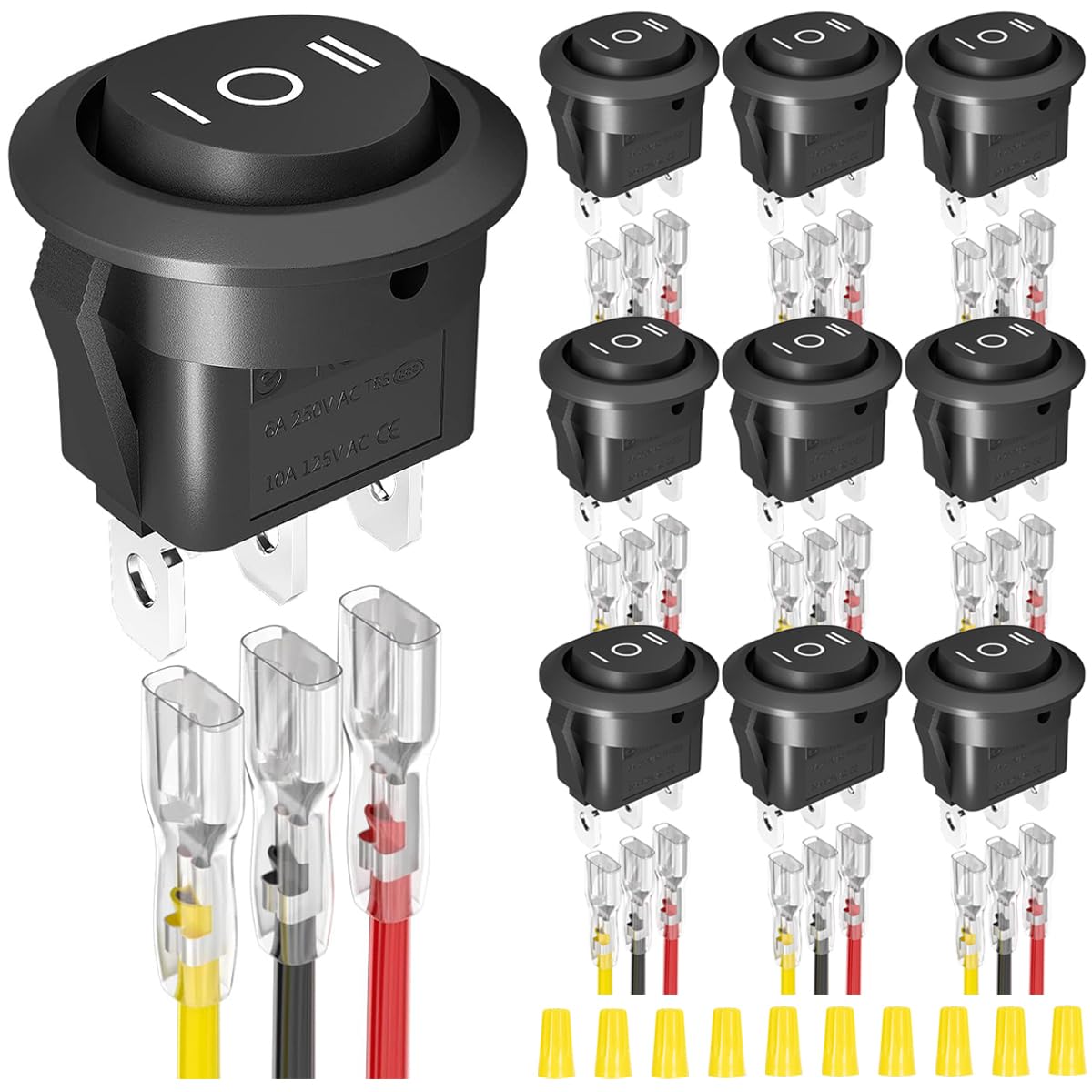 MKBKLLJY 10Pcs 2Way Round Rocker Switch 12V 3Pin 3Position ON/Off/ON 6A/250V AC 10A/125V DC SPDT 20mm Black Circle Toggle Switch with Terminal Wires for Auto Car Boat Household Appliance