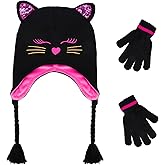 Kids Winter Cat Beanie Hat Gloves Set, Boys Girls Warm Fleece Lined Hat with Earflap Children Cute Cat Hat for 3-7T