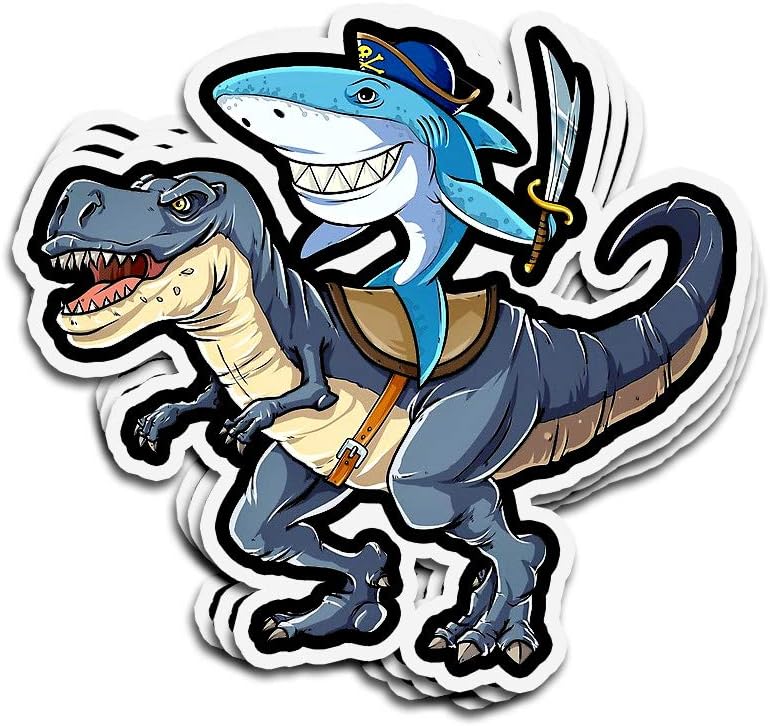 Hanabi 3 PCs Stickers Shark Riding Dinosaur T Rex Pirate Jawsome 3&times;4 Inch Die-Cut Wall Decals for Laptop Window