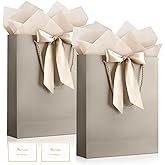 JMANNI Gift Bag, 2PCS Gift Bags Large with Ribbon and 2 Greeting Cards 4 Tissue Paper, Portable Paper Gift Bag with Handles, Birthday Gift Bags,Present Bags for Wedding Party Mothers Day(Champagne)