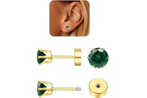 Hypoallergenic Birthstone Stud Earrings for Women Brilliant Cut Round Cubic Zirconia Flat Back Earrings Surgical Steel Cartil