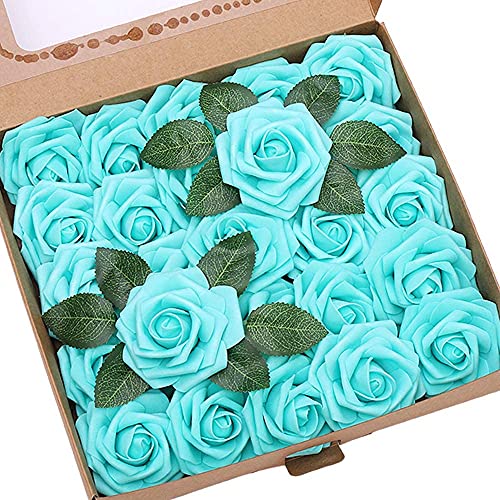 Ruiuzioong Artificial Flowers, 25pcs Real Touch Foam Roses DIY Flowers for Wedding Bouquets Centerpieces Arrangement Party Baby Shower and Home Decor (Blue, 25pcs) โ image 1