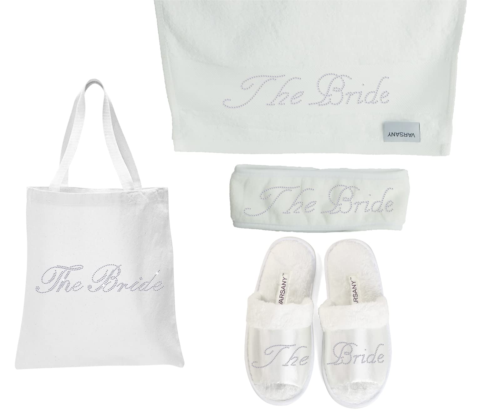 Varsany Luxury Spa Gift Set for Women - Rhinestone Tote Bag, Slippers, Hand Towel, Headband - Honeymoon, Hen Party, Bath Gift Set - 4 Pack