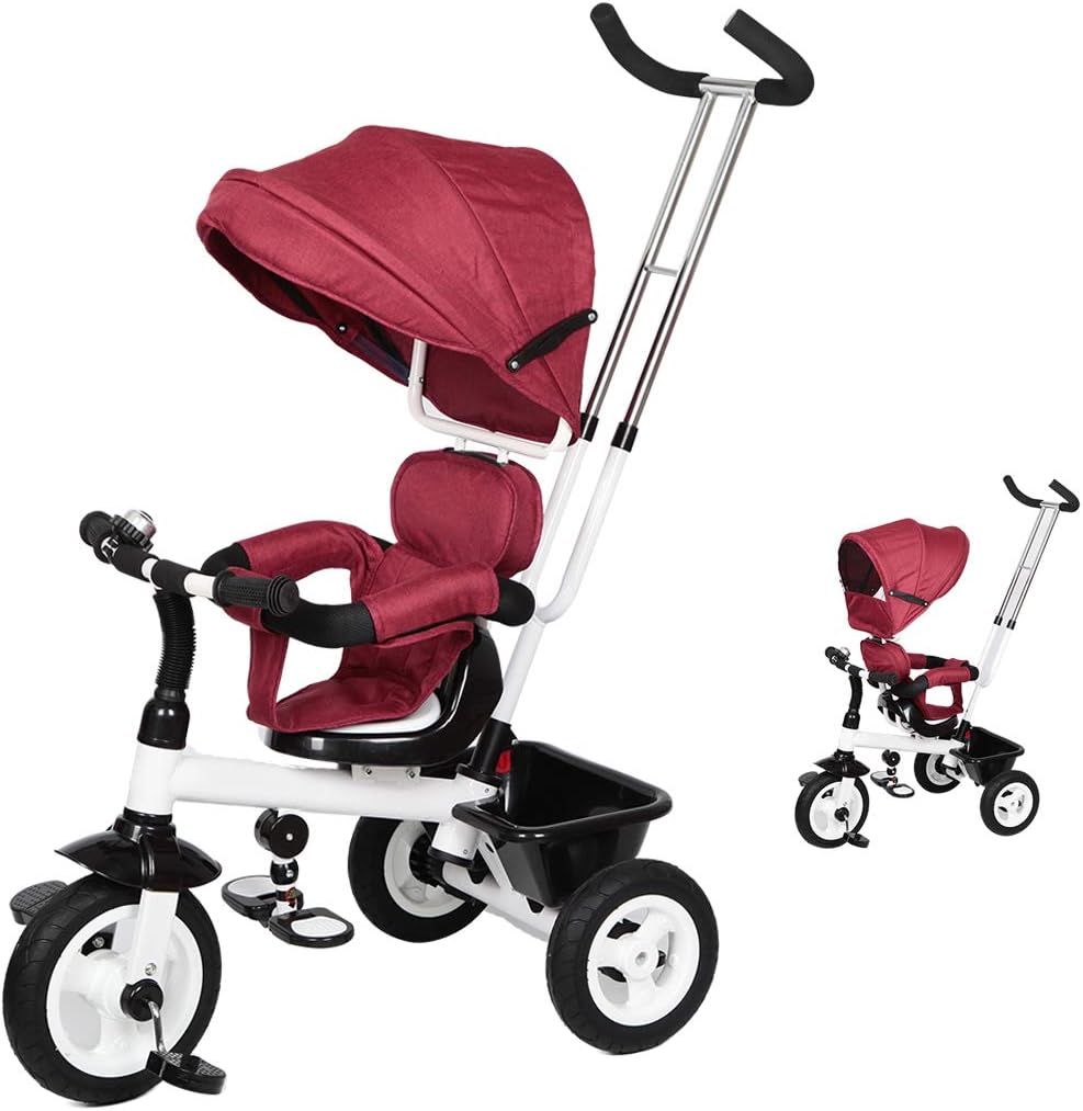 Diroan Baby Tricycle, 6-in-1 Kids’ Trike & Strollerwith Adjustable Push Handle, Removable Canopy, Safety Harness for 8 Months - 6 Year Old