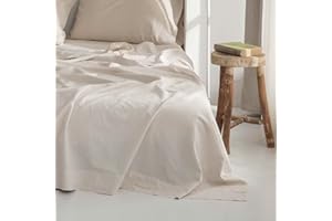 BISELINA Linen Cotton Blended Flat Sheet 1 Piece Only Basic Style Solid Color Soft Breathable Farmhouse Top Sheet - Linen/Bei