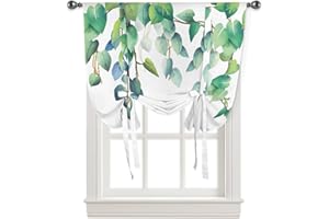 ARTSHOWING Leaf Tie Up Curtain for Kitchen Adjustable Balloon Window Shade 45 Inch Length Green Leaf Watercolor Green Leaves and Branches Rod Pocket Curtain Drape for Bedroom Living Room 34"x45" Valance