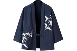 PRIJOUHE Men's Japanese Kimono Jacket Cardigan Yukata Noragi Casual Fashion Seven Sleeves Lightweight Open Front Coat