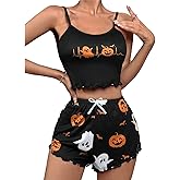 RUEWEY Women 2Pc Pajamas Set Pumpkin Print Lettuce Trim Cami and Shorts Sleepwear