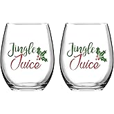 Jingle Juice Christmas Wine Glass, 15 Oz Funny Stemless Wine Glasses for Women Friends Men, Gift Idea for Christmas Wedding Party, Set of 2