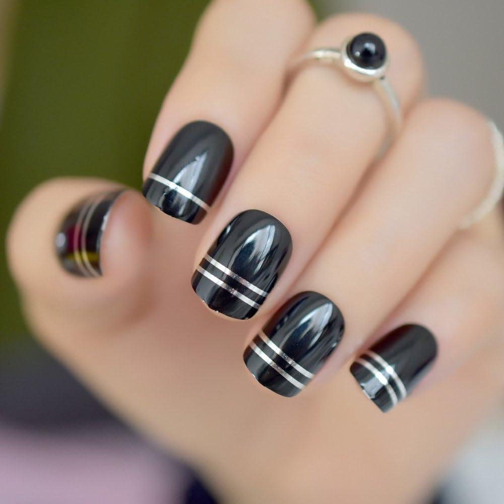 Meili Black Uv Gel Cover Nail Art Tips Silver Metallic Line