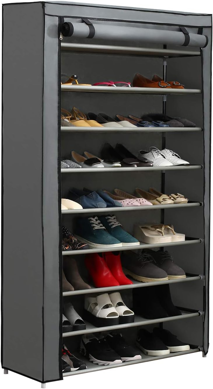 YUSONG 9 Tier Shoe Rack, Shoe Cabinet Shoe Tower Standing Storage Organiser, Cavanas Shoe Rack Stand with Dust-proof Cover, Hold Up To 45 Pairs Shoes, Grey